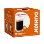 Dunkin' Original Blend coffee box in bright orange packaging with a glass of coffee pictured and the large DUNKIN' logo on the side.