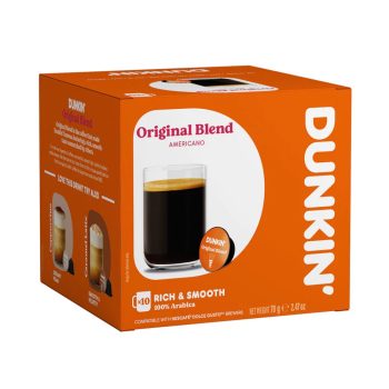 Dunkin' Original Blend coffee box in bright orange packaging with a glass of coffee pictured and the large DUNKIN' logo on the side.