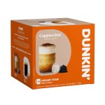 Dunkin Cappuccino box in orange with a glass of layered cappuccino and foam, and a coffee pod image on the front