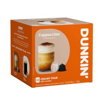 Dunkin Cappuccino box in orange with a glass of layered cappuccino and foam, and a coffee pod image on the front