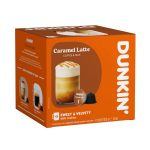 Dunkin' Caramel Latte coffee and milk mix box in orange with a tall glass of caramel latte on the front.