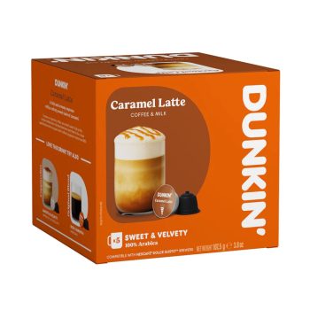 Dunkin' Caramel Latte coffee and milk mix box in orange with a tall glass of caramel latte on the front.