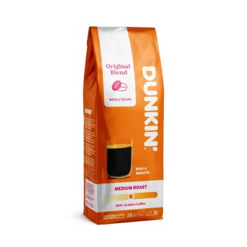 Dunkin original blend medium roast whole bean coffee in orange bag with white label and glass of black coffee graphic