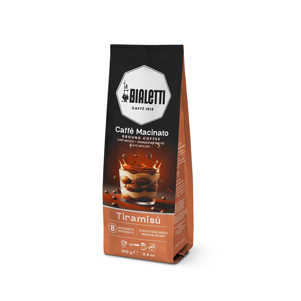Bialetti Perfetto Moka Tiramisu 250G - AVANZA - Coffee House Bag of Bialetti Caffè Macinato Tiramisù ground coffee (250 g) with tiramisu image on front for labeling and flavor.