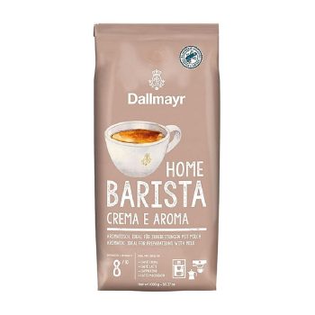 Bag of Dallmayr Home Barista Crema e Aroma coffee beans, beige packaging with cup illustration and brand logo