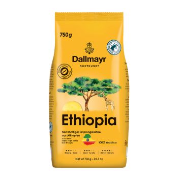 Yellow Dallmayr Ethiopia coffee bag, 750 g, 100% Arabica, with tree, sun and giraffe illustration on front.