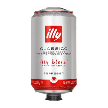 Illy Classico espresso coffee can: silver can with red Illy logo and 'espresso' label behind a red bottom band.