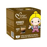 Box of Italian Coffee Afrodate 100% Arabica capsules, featuring a cartoon girl on brown geometric packaging.