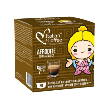 Box of Italian Coffee Afrodate 100% Arabica capsules, featuring a cartoon girl on brown geometric packaging.