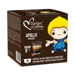 Box of Italian Coffee Apollo Intenso coffee capsules for Dolce Gusto machines; features a cartoon character, a glass of espresso, and the text 'INTENSITÀ 9/10' on a brown patterned box.