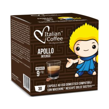 Box of Italian Coffee Apollo Intenso coffee capsules for Dolce Gusto machines; features a cartoon character, a glass of espresso, and the text 'INTENSITÀ 9/10' on a brown patterned box.