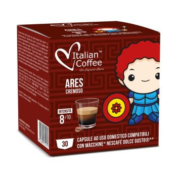 Box of Italian Coffee Ares Cremoso capsules with a cartoon character and a coffee cup image on a red background.
