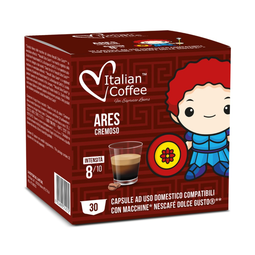 Italian Coffee Dolce Gusto Ares x30 - AVANZA - Coffee House Box of Italian Coffee Ares Cremoso capsules with a cartoon character and a coffee cup image on a red background.