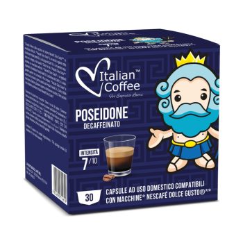 Box of Italian Coffee Poseidone Decaffeinato capsules with cartoon sea king mascot and a espresso cup image; indicates decaffeinated coffee capsules for Dolce Gusto machines.