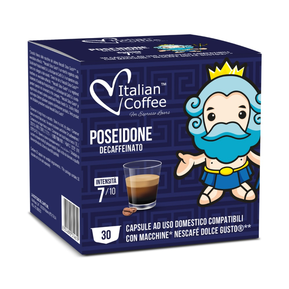 Italian Coffee Dolce Gusto Poseidone x30 - AVANZA - Coffee House Box of Italian Coffee Poseidone Decaffeinato capsules with cartoon sea king mascot and a espresso cup image; indicates decaffeinated coffee capsules for Dolce Gusto machines.