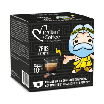 Box of Italian Coffee Zeus Ristretto capsules featuring a cartoon Zeus on the right and a glass of espresso on the front.