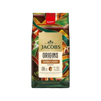 Jacobs Origins Uganda & Kenya espresso coffee bag with a colorful, abstract label design on the front