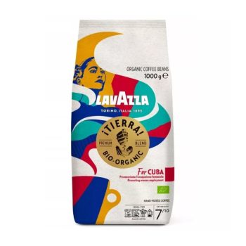 Lavazza Itierra bio-organic coffee bag with colorful abstract design and gold seal, 1000 g, Cuban support message included.