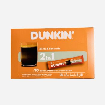 Orange Dunkin' 2-in-1 instant coffee with creamer box, featuring a glass of black coffee and a single serving stick image in the foreground.