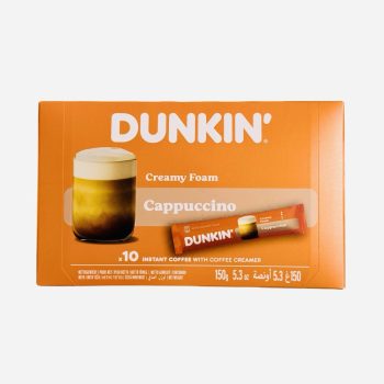 Dunkin' orange box of Creamy Foam Cappuccino sticks, 10 sachets, instant coffee with creamer