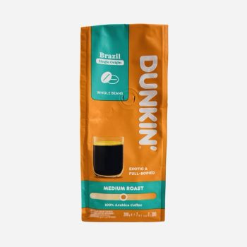Dunkin coffee bag: orange packaging with teal label, reads Brazil Single Origin Whole Beans, medium roast, 100% Arabica.