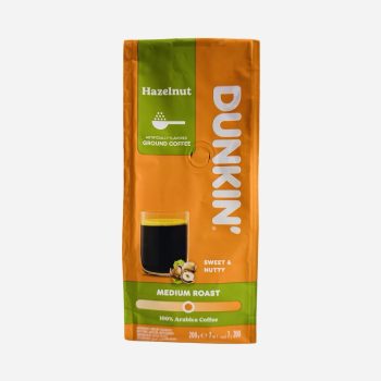 Dunkin hazelnut ground coffee bag in orange and green, says 'Medium Roast' and '100% Arabica Coffee' (200 g)