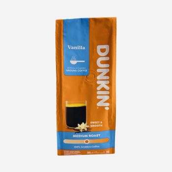 Dunkin' Vanilla Ground Coffee bag with orange and blue packaging, large Dunkin' text on the side.