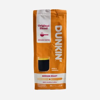 Orange Dunkin ground coffee bag labeled Original Blend, Medium Roast, 100% Arabica with a small coffee cup graphic on the front