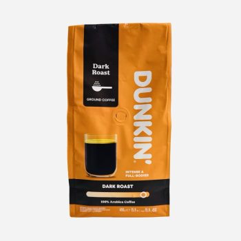 Dunkin Dark Roast ground coffee bag in orange packaging with white logo and a cup of coffee illustration on the front, 450 g