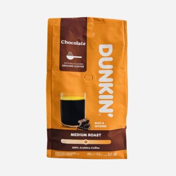 Dunkin' orange coffee bag labeled Medium Roast, 100% Arabica coffee, with a glass of black coffee and chocolate square image visible on the front