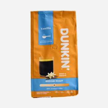 Dunkin vanilla ground coffee bag in orange and blue packaging, labeled medium roast with a glass of coffee on the front.