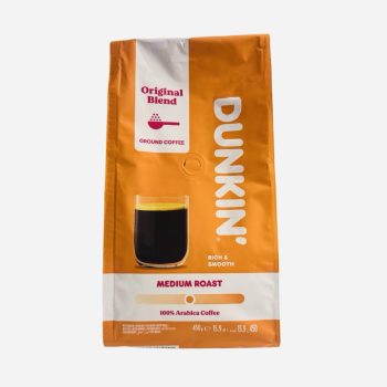Orange Dunkin coffee bag labeled Medium Roast with 100% Arabica coffee text and a glass of black coffee image on the front.