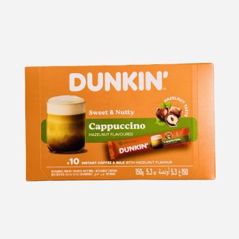 Dunkin' Sweet & Nutty Cappuccino hazelnut flavor box, featuring a glass of coffee with crema and a wrapped coffee stick on an orange package.