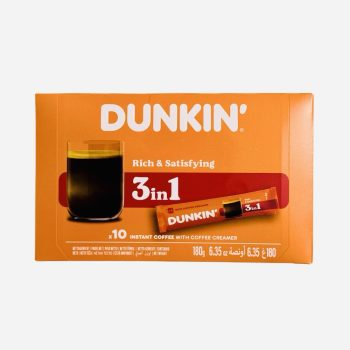 Dunkin' orange 3-in-1 instant coffee box with a glass of coffee and a single-serve sachet on display (Rich & Satisfying)