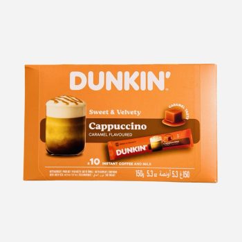 Dunkin' cappuccino caramel-flavored instant coffee box in bright orange with a glass of coffee on the left and a small sample package on the front.