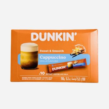 Orange Dunkin' cappuccino vanilla-flavor instant coffee mix box with a glass of coffee and a small sachet pictured