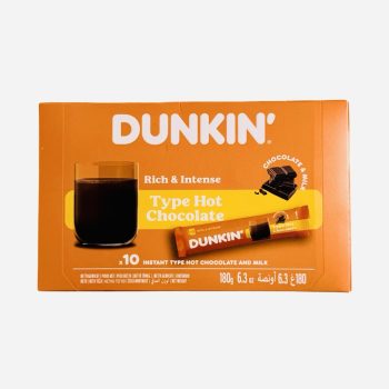 Dunkin' Rich & Intense Type Hot Chocolate box with 10 sachets and a glass of dark hot chocolate on an orange package