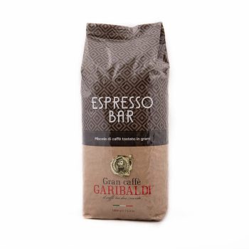 Bag of espresso coffee labeled 'Espresso Bar' from Gran Caffè Garibaldi, 1000 g, with geometric brown packaging and Italian branding.