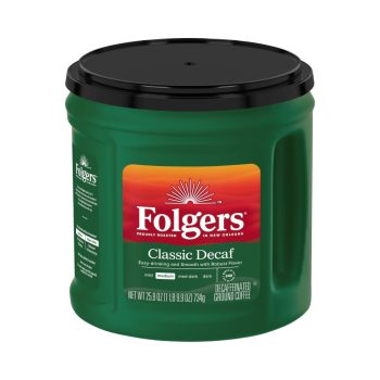 Folgers Classic Decaf ground coffee canister with green body and black lid, label facing forward