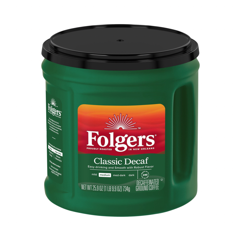 Folgers Classic Decaf 734g - AVANZA - Coffee House Folgers Classic Decaf ground coffee canister with green body and black lid, label facing forward