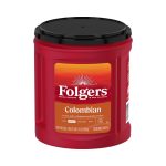 Red Folgers Colombian ground coffee can with a black lid and orange label on a red container, shown at an angle in a white background.