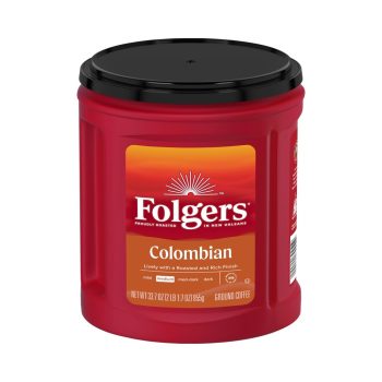 Red Folgers Colombian ground coffee can with a black lid and orange label on a red container, shown at an angle in a white background.