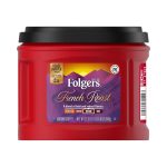 Folgers French Roast ground coffee tub, red canister with black lid and purple label.