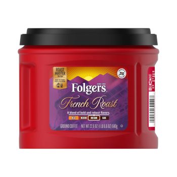 Folgers French Roast ground coffee tub, red canister with black lid and purple label.