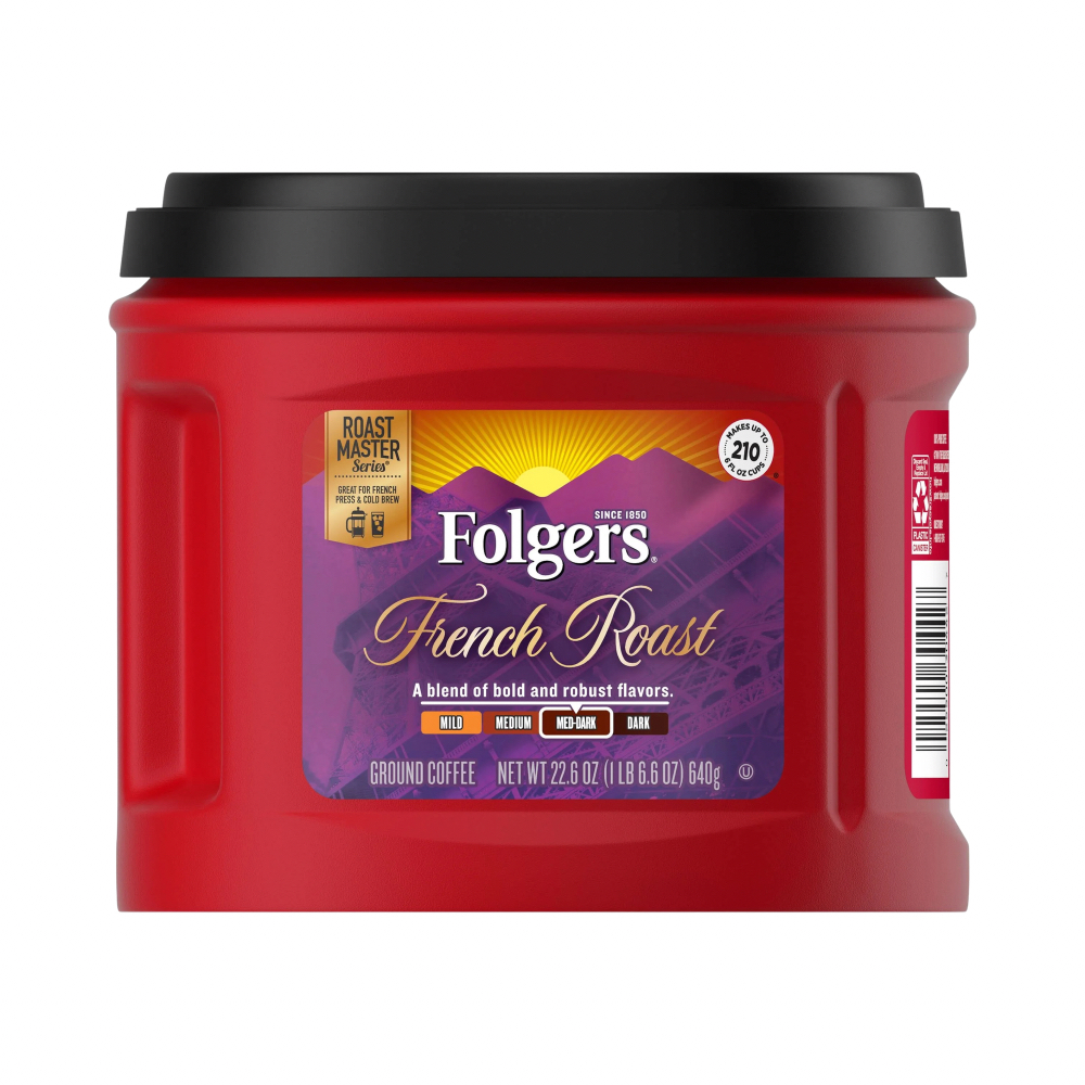 Folgers French Roast 640g - AVANZA - Coffee House Folgers French Roast ground coffee tub, red canister with black lid and purple label.