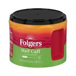 Folgers Half Caff ground coffee can with a red mug graphic on a green and orange label, black lid visible.
