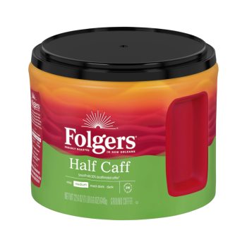 Folgers Half Caff ground coffee can with a red mug graphic on a green and orange label, black lid visible.