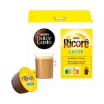 Dolce Gusto Ricoré Latte coffee capsules package with a glass of latte and a loose yellow capsule beside it.