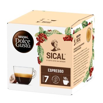 Box of Nescafé Dolce Gusto SICAL Espresso capsules featuring a cup of espresso and decorative coffee plant graphics.