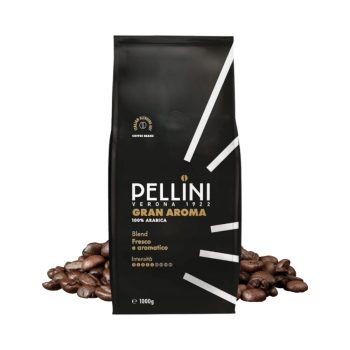Pellini Gran Aroma 100% Arabica coffee beans in a black 1kg bag with beans spilling at the base